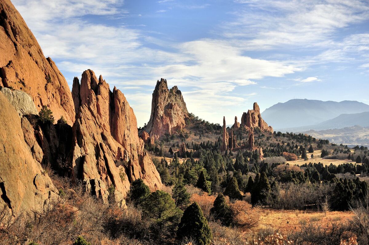 Red rock formations and Front Range mountains near Colorado Springs